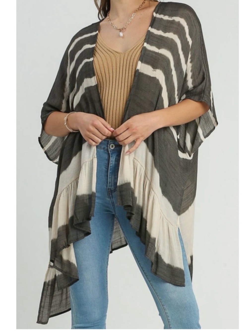 Umgee Gray and Cream Tie-Dye Ruffled Open Kimono Size XL/XXL